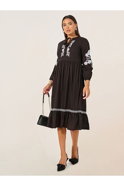 Styli Embroidered Long Sleeves A-Line Midi Dress
