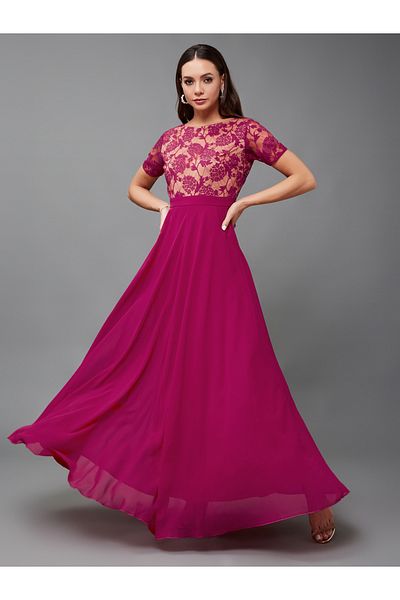 Styli The Last Love Letter Lace Overlaid Maxi Dress Dark Pink