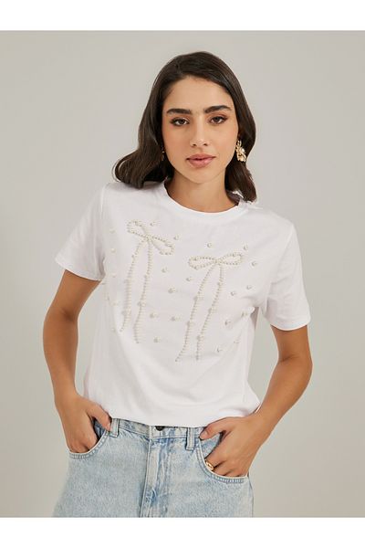 Styli Faux Pearl Embellished Round Neck T-Shirt