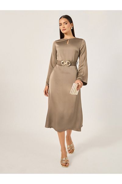 Styli Belted Keyhole Neck A-Line Midi Dress