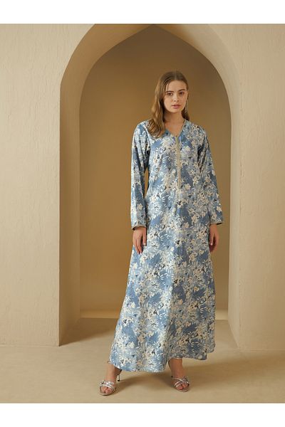 Styli All Over Floral Print V Neck Jalabiya with Lace Trim