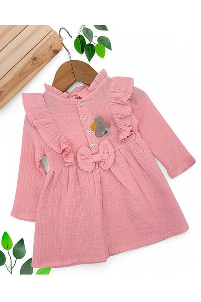 VEGAMOD Baby Girl Muslin Fisto Detail Bow Flowers Buttoned 6-9-12-18-24 Months Dress