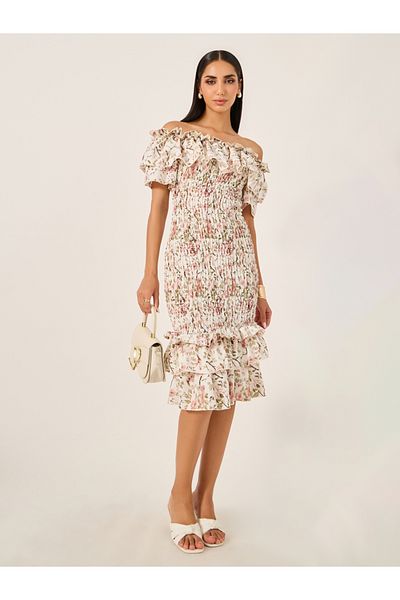 Styli Floral Print Off Shoulder Bodycon Knee-Length Dress