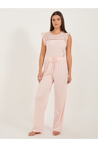 Styli Schiffli Yoke Pompom Trim Detail Top and Pyjama Pants Set