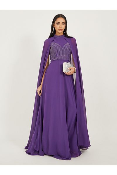 Styli Embellished Cape Sleeve A-Line Maxi Dress