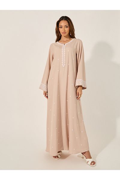 Styli Embroidered Notch Neck A-Line Jalabiya