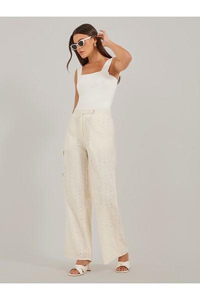 Styli Schiffli Cotton Wide Leg Pants with Pockets