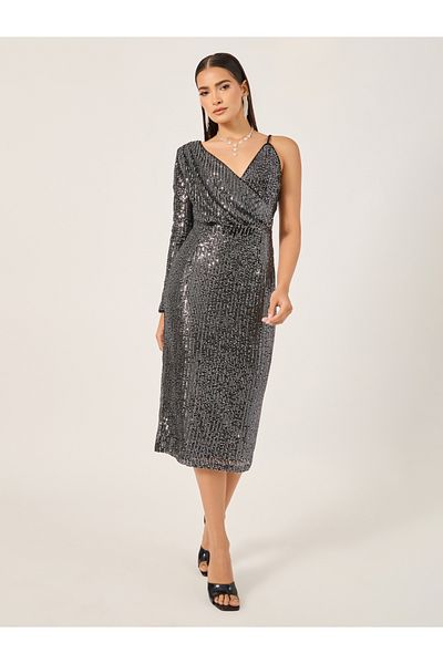 Styli Sequinned One Long Sleeve Sheath Midi Dress