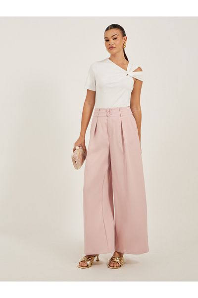 Styli Pleated Wide Leg Pants with Double Buttoned Waistband