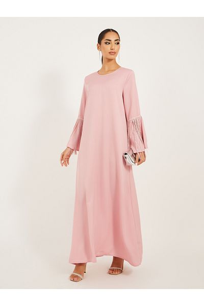 Styli Satin Round Neck A-Line Jalabyia with Tassels Trims