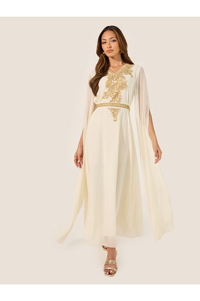 Styli Lace Detail V-Neck A-Line Belted Kaftan