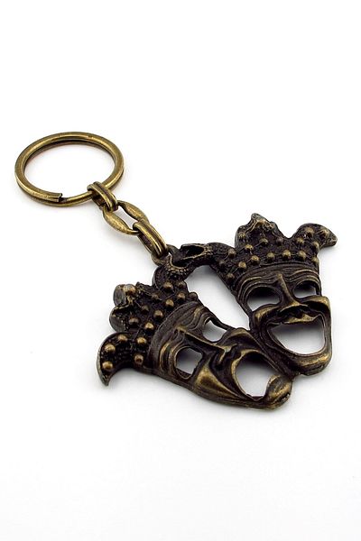 Solfera Comedy Tragedy Theatre Icon Sock and Buskin Antique Yellow Metal Keychain Kc229