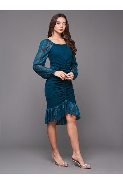 Styli Solid Ruched Ruffled Hem Sheath Midi Dress
