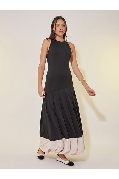 Take Two By Styli Solid Sleeveless Balloon Hem Maxi Dress