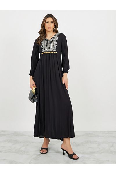Styli Textured Embroidered V-Neck A-Line Jalabyia with Coins Tassel Detail