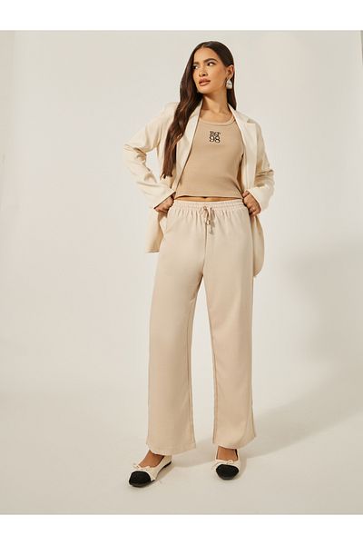 Styli Mid Rise Wide Leg Pants with Drawstring