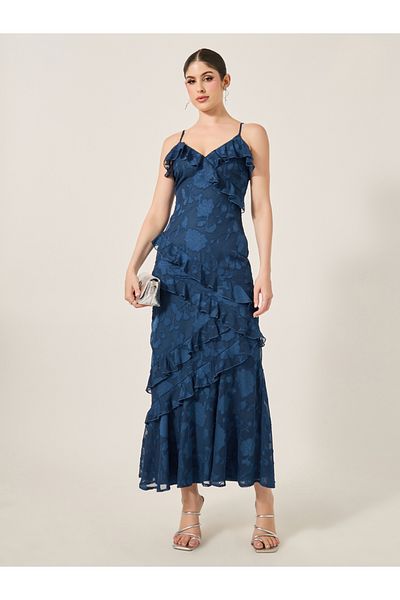 Styli Self Design Ruffle Detail Strappy A-Line Maxi Dress