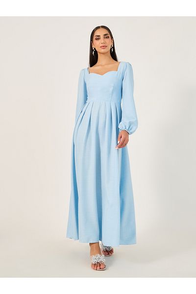 Styli Pleated Balloon Sleeves A-Line Maxi Dress