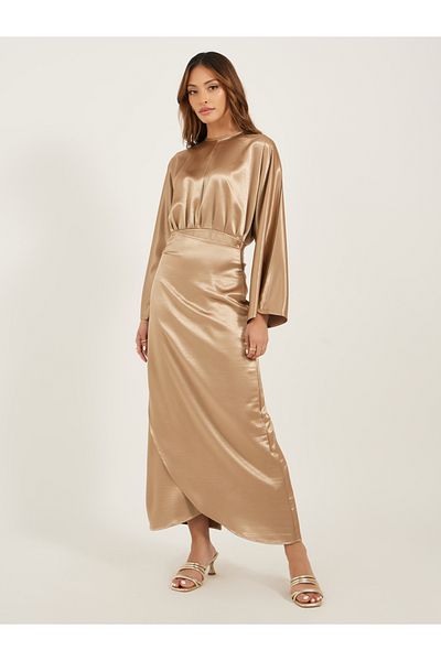 Styli Plain Long Sleeves Wrap Look A-Line Maxi Dress
