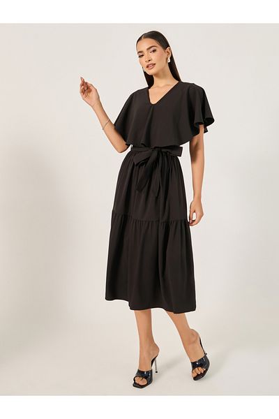 Styli Plain Cape Sleeves A-Line Midi Dress