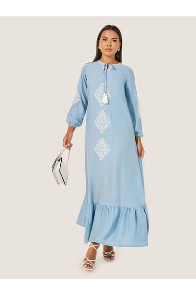 Styli Embroidered Long Sleeves A-Line Maxi Dress