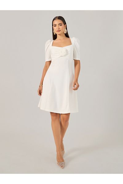 Styli Corsage Detail Puff Sleeves A-Line Mini Dress