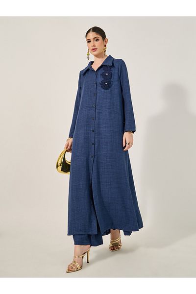 Styli Collared Lace Detail Buttoned Maxi Shirt and Trousers Set