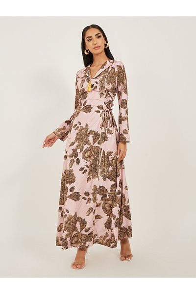 Styli Floral Jacquard Flat Collared Jalabiya with Tassel Detail