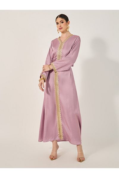 Styli Embroidered V-Neck Belted A-Line Kaftan