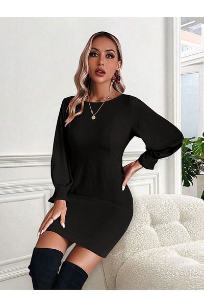 Kotty By Styli Solid Puff Sleeve Sheath Mini Dress with V Back