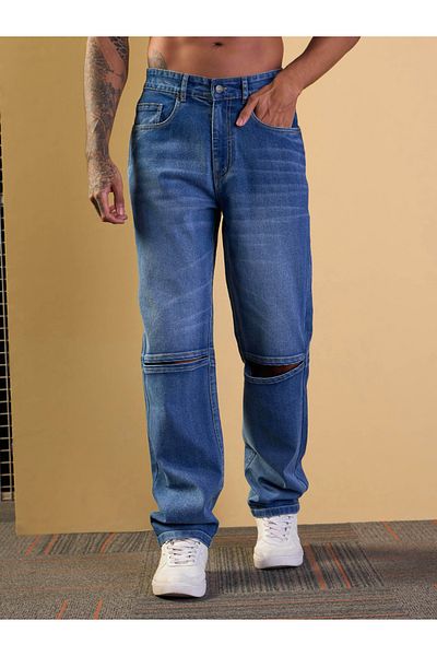 Mascln Sassafras By Styli Blue Knee Slit Open Relax Fit Jeans