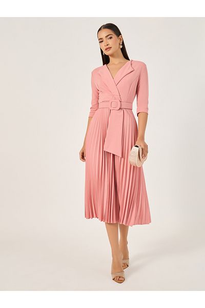 Styli Pleated 3/4th Sleeves A-Line Midi Dress