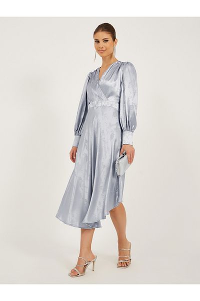 Styli Textured Long Sleeves Pleated A-Line Midi Dress