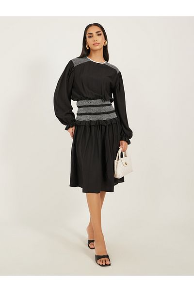 Styli Plain Contrast Stitch Detail Long Sleeves A-Line Midi Dress