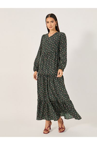 Styli Print Long Sleeves Tiered Maxi Dress