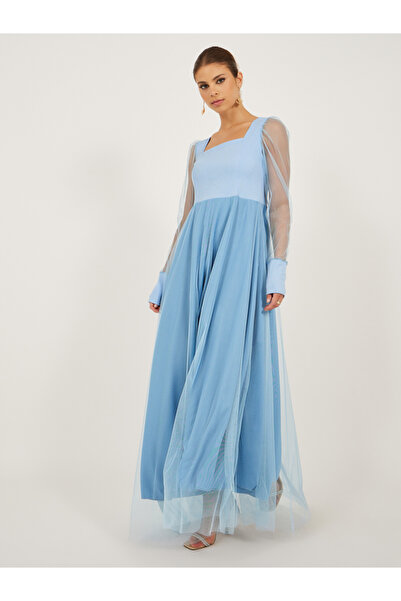 Styli فستان ماكسي شبكي برقبة مربعة وأكمام طويلة وأساور