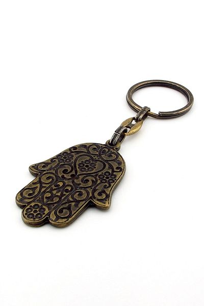 Solfera Fatma Ana Hand Khamsa - Traditional Evil Eye Antique Yellow Metal Keychain Kc231