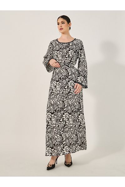 Styli Textured All-Over Print Round Neck A-Line Jalabyia