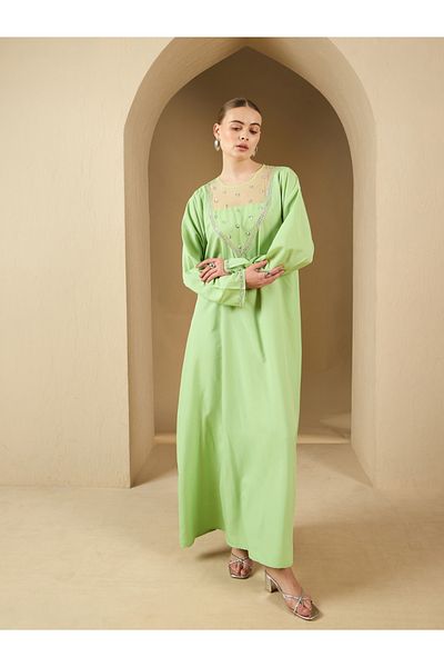 Styli Embellished Mesh Insert Round Neck A-Line Jalabyia
