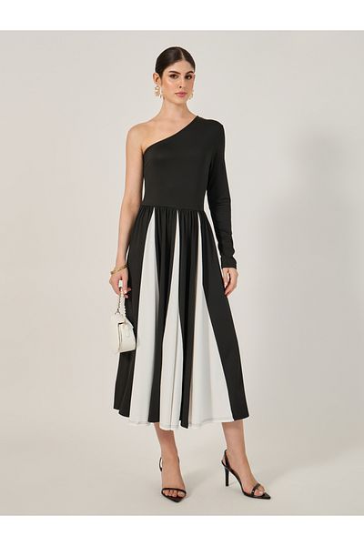 Styli Color Block One Shoulder A-Line Midi Dress