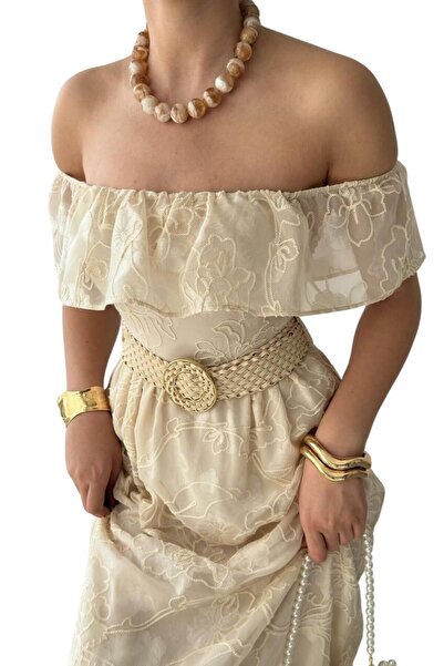 Moda Amore Kadın Abiye Elbise - Tül Üzeri Dantel ve Nakış İşlemeli Kemer Detaylı Madonna Yaka 173