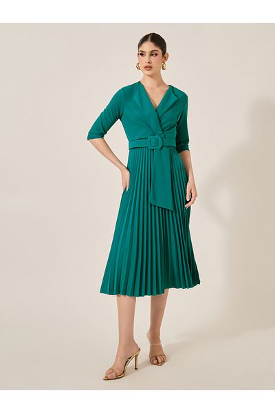 Styli Pleated 3/4th Sleeves A-Line Midi Dress