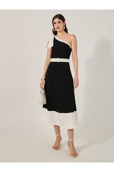 Styli Color Block One Shoulder A-Line Midi Dress