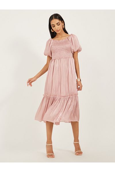 Styli Plain Smocked Balloon Sleeves A-Line Midi Dress