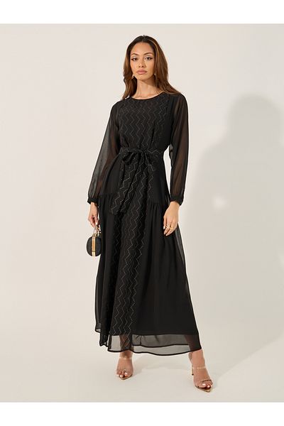 Styli Embellished Round Neck Tie Up Waist Jalabiya