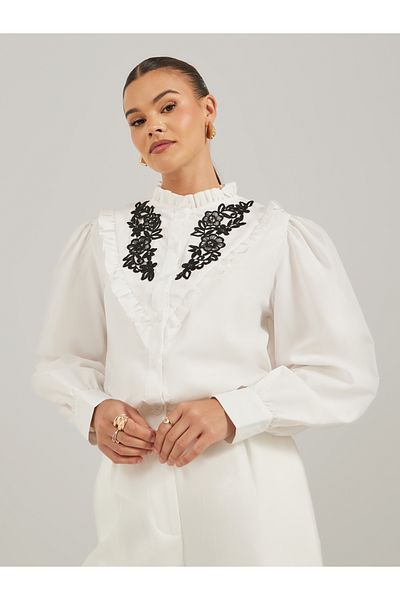Luxewave By Styli Floral Embroidered Balloon Sleeve Shirt with Ruffled Detail