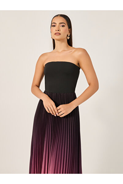 Styli Ombre Accordion Pleated Strapless A-Line Midi Dress