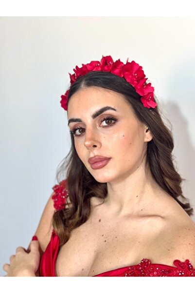 CAPPELLO DESİGN Kırmızı Taç,kırmızı Renkli, Çiçekli Kına Tacı, Lohusa Tacı, S...