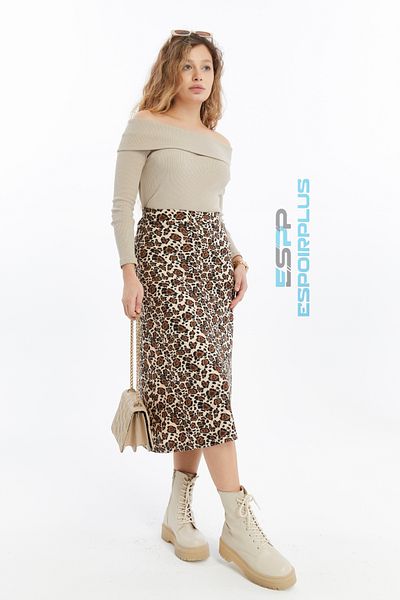 ESPOİRPLUS Madonna Collar Camisole Bluz, Leopard Patterned Suede Close Skirt Set