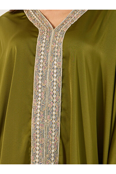 Styli Satin V-Neck Lace Panel Kaftan